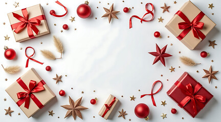 Elegant Christmas gift arrangement with red ribbon, bauble, star decorations, festive ornaments, flatlay holiday composition