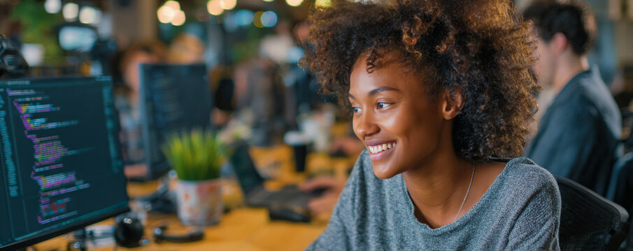 woman coding in modern tech office, female developer collaborating in innovative workspace, diverse tech team programming in creative office - Powered by Adobe