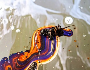 Abstract Liquid Art with Swirling Orange Blue and Black Colors