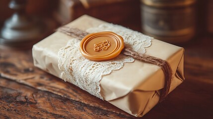 Wax sealed gift on wood.
