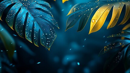 Water drops on lush tropical monstera leaves.