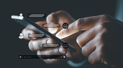User using smartphone with Artificial intelligence chat assistant interface communication app.