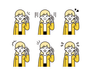 スマートフォンで通話する、様々な表情の女性・主婦・ママの上半身ベクターイラスト素材セット