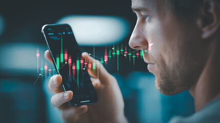 Man holding smartphone and analyzing stock market candlestick chart in dark office. Concept of mobile trading, investment, fintech and market analysis.