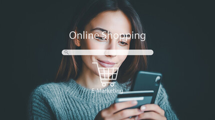 Young woman shopping online using smartphone and credit card. Concept of e commerce, digital payment, online marketing and secure mobile shopping.