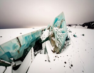 Dramatic broken glacier revealing deep blue ice and open water in snowy landscape