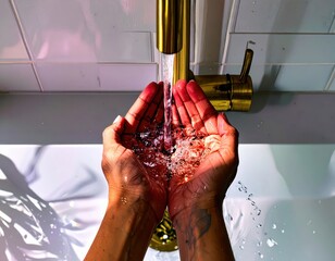 Cupped hands catching fresh running water from a modern golden faucet