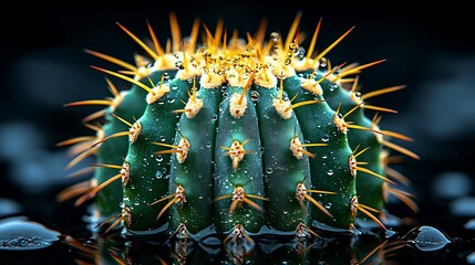 Wet Cactus Macro with Desert Plant, and Water Drops.