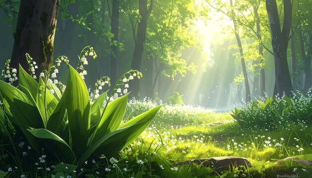 A sun-drenched forest scene, featuring a path winding through lush greenery, illuminated by bright rays. White flowers bloom amidst trees - Powered by Adobe