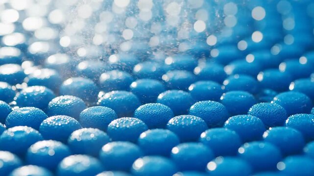 Abstract close-up of regular blue hemispheres with water droplets