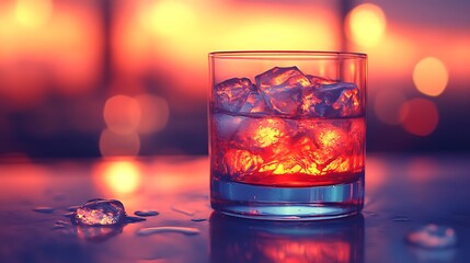 Whiskey glass with ice with warm bokeh background.