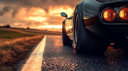 Vintage car on road at sunset.