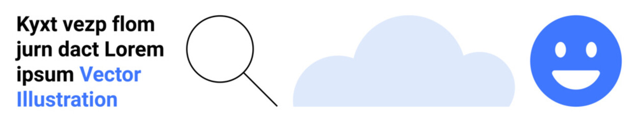 Fototapeta premium Search exploration, cloud computing, happiness, data analysis, creativity, positive thinking. Magnifying glass, cloud and smile face icons. Search exploration and cloud computing concept