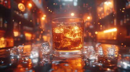Whiskey on Ice at Bar with Amber Drink, and Bokeh.