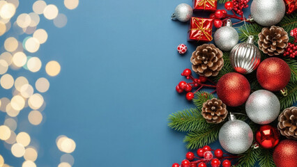 Christmas decoration with red and silver ornaments on blue background