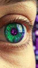 A close-up view shows a human eye with digital patterns and colors