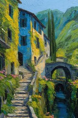 Painting of Italian architecture with stairs, plants and bridge