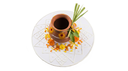 Pongal festival food presentation showing rice based dish in a white plate with a dark sauce and green garnish png with transparency