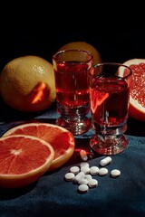 Still life with citrus fruits, liquids, and white tablets.