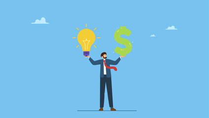 Smart businessman with lightbulb idea in his hand and money dollar sign on other hand. Business idea to make money, innovation and creativity to make profit investment or financial planning. © Saklarboy