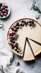 white chocolate tart with cranberries and rosemary, decorated around the edge of an elegant white fabric background