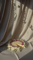 white chocolate tart with cranberries and rosemary, decorated around the edge of an elegant white fabric background