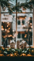 white paper houses on the windowsill, greenery and garland with lights in front of them