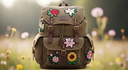 Backpack with flower patches floral design bag rucksack travel accessories casual bag fashion