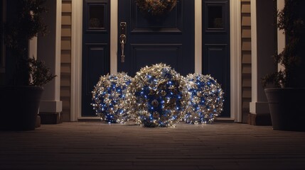 three large, light-up christmas ornaments with blue lights on the front porch
