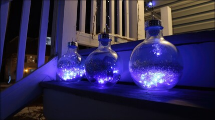 three large, light-up christmas ornaments with blue lights on the front porch