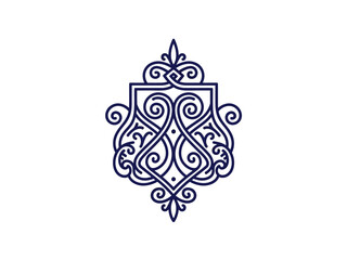 Naklejka premium Dark blue intricate shieldshaped interlaced decorative medievalstyle motif