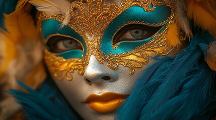 Woman wearing ornate Venetian mask with festival.