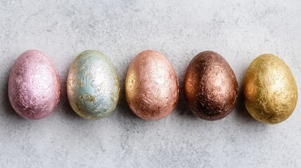 Obraz premium Five decorative Easter eggs in pastel colors arranged on a light gray surface. The eggs are shiny and have a metallic finish.