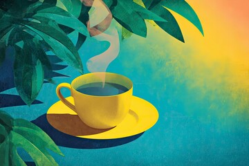 Aromatic drink in yellow cup with fresh leaves above