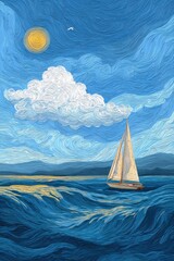 Sailboat on the Water, Sun and Clouds, Abstract Seascape