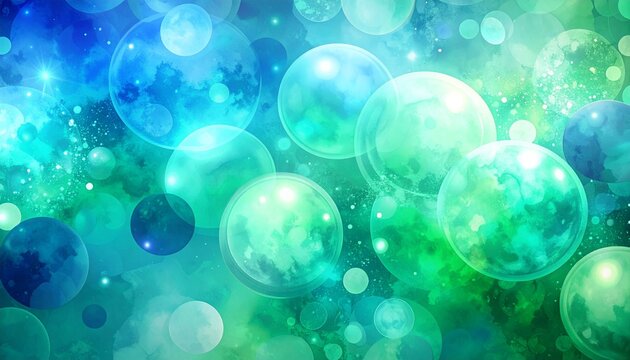 Abstract Bubbles and Celestial Background with Blue and Green Hues