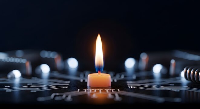 Burning candle with flame on abstract circuit board for creative technology concept background - Powered by Adobe
