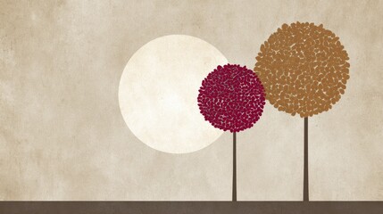 red, pink, and brown tree design with circles in the background