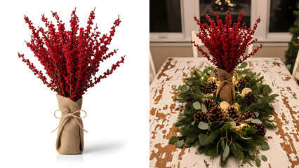 Vibrant red berry arrangement in burlap wrap and pinecone centerpiece on rustic table