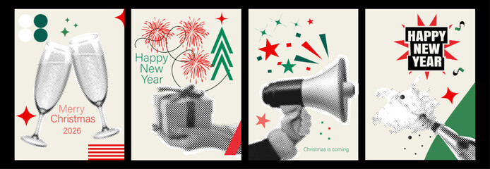 Christmas and New Year Retro halftone Collage Poster Set with Festive Celebration Elements