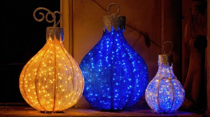 three large, light-up christmas ornaments with blue lights on the front porch