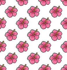 pixel hibiscus flower Seamless Pattern vector background pixel art for 8 bit game	