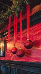 red and gold ornaments hanging on the wall with red ribbons, red and white walls