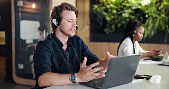 Call center, headset or man in hybrid office with laptop, lead generation or outbound contact in crm management. Telemarketing, coworking or agent with tech, customer service or feedback in help desk