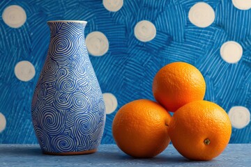Vase with pattern and three oranges in front of dots.