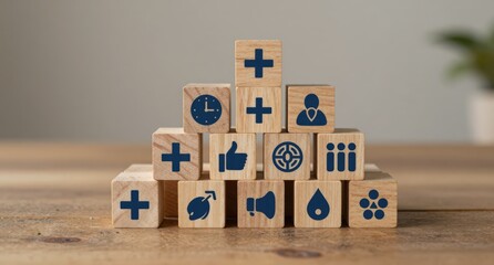 Social Media Icons Stacked as Building Blocks on Wooden Table