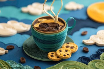 Quilled paper craft with blue cup of beverage and cookies.