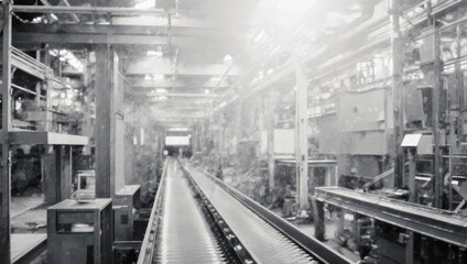 Obraz premium Monochrome Industrial Interior - Conveyor Belt and Machinery in a Factory Setting.