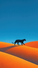 A black panther walking on the dunes of a desert