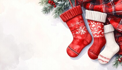 Christmas stockings with festive holiday decorations and red plaid fabric